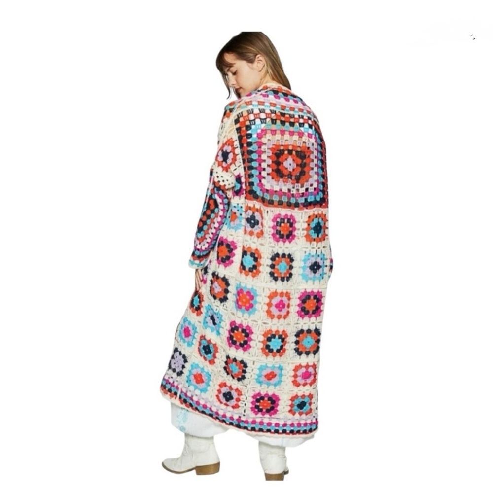 ❤️NWOT❤️ POL Long Crochet Granny Square Duster Cardigan Boho Multicolor One Size - Picture 6 of 7